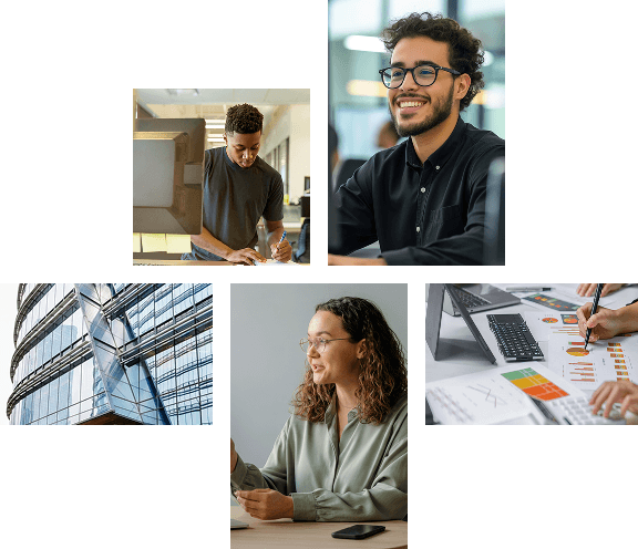 Grid de estudantes e ambientes profissionais